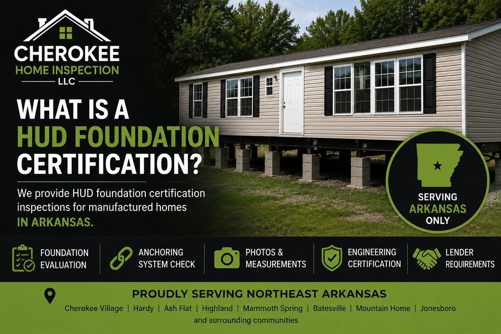 Cherokee Home Inspection LLC provides HUD Foundation Certification inspections for manufactured homes located 