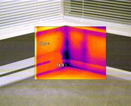 Infrared thermal image showing hidden moisture behind a wall surface